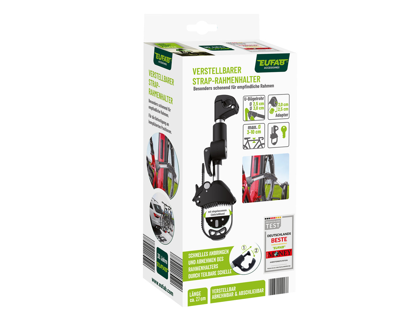 Porte-vélo EUFAB: Fixe-cadre à Strap inclinable Amovible Ø 25 + 30 mm et Antivol 27 cm - Porte-vélos EUFAB