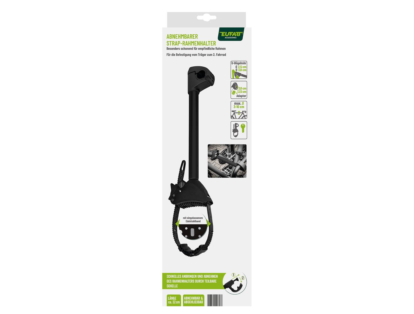 Porte-vélo EUFAB : Fixe-cadre Long Amovible Noir Ø 25 + 30 mm Antivol avec Collier de serrage - Porte-vélos EUFAB