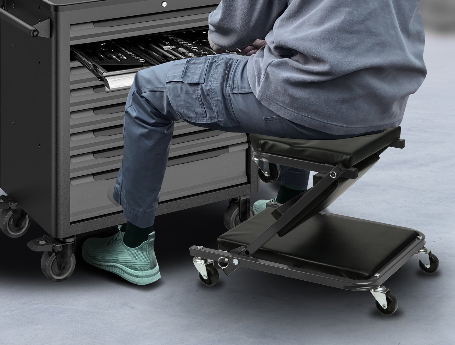 Chariot de visite mécanicien et tabouret 2 en 1