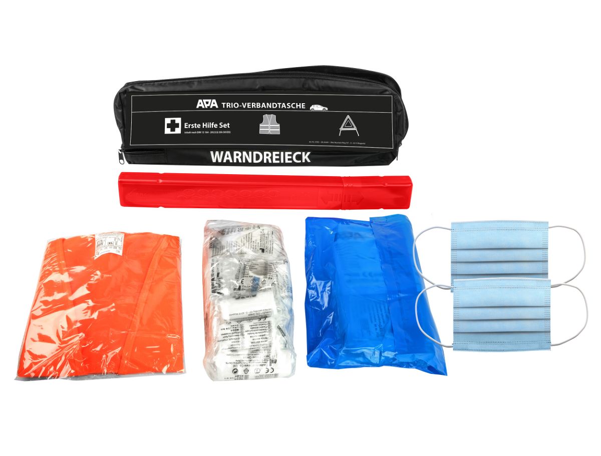 Kit Trousse 1er secours DIN13164 , Triangle et Gilet de sécurité