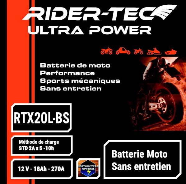 Batterie Moto RTX20L-BS sans entretien 12V 18Ah 270A
