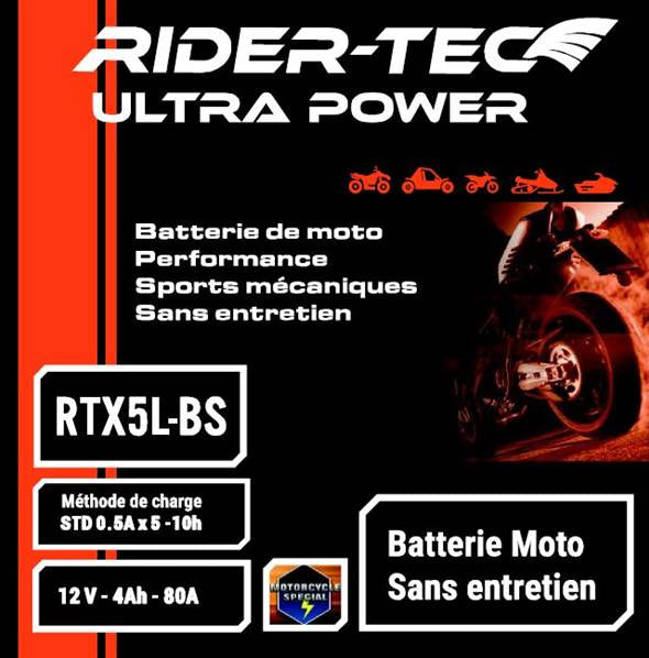 Batterie Moto RTX5L-BS sans entretien 12V 4Ah 80A