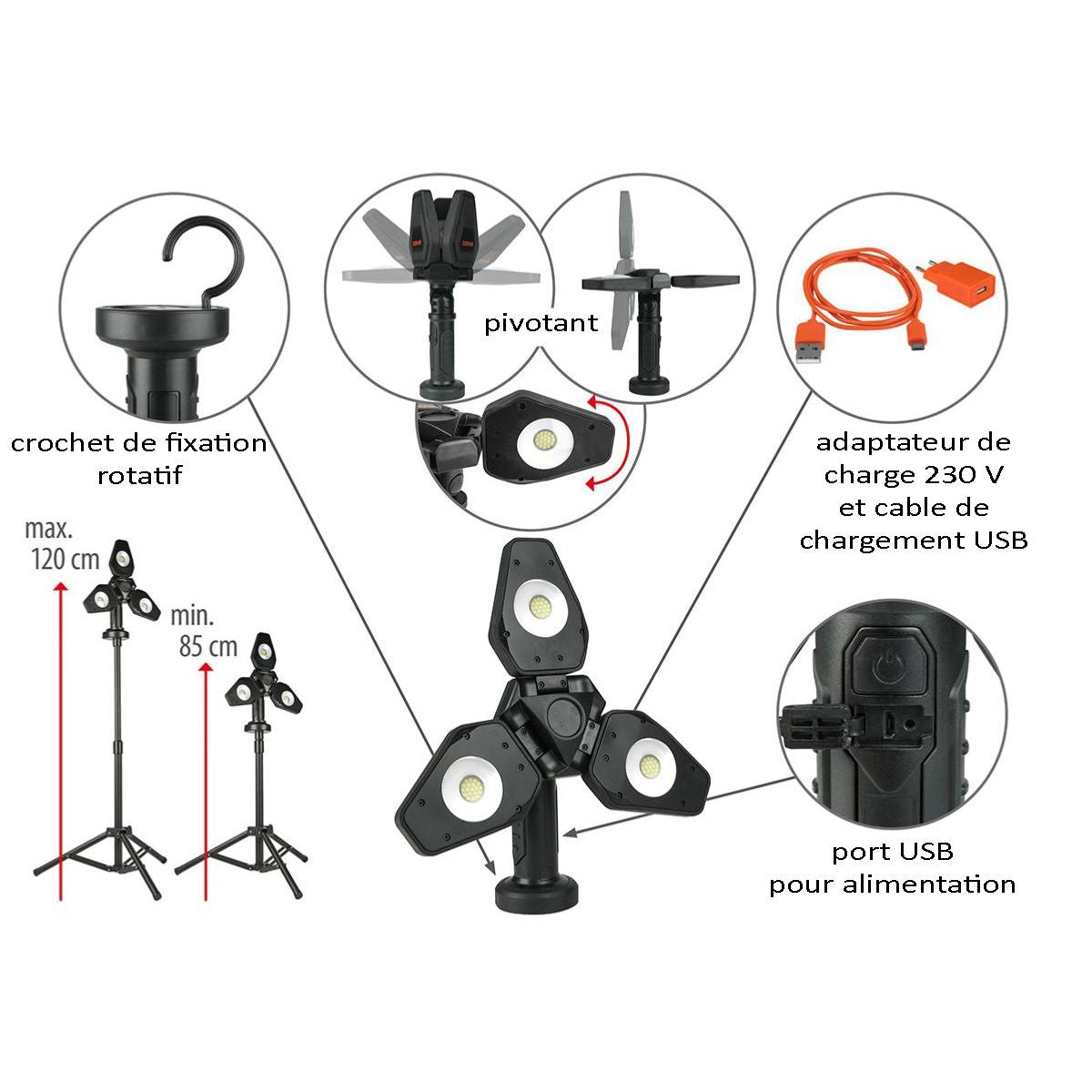 Lampe d'atelier LED sans fil sur pied télescopique