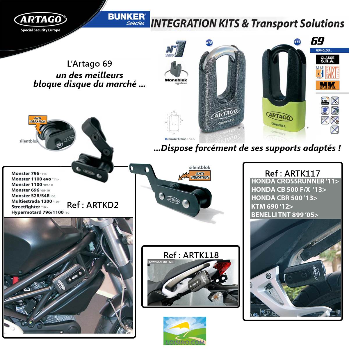 Support d'antivol adapté Artago 69 pour Kawasaki Z1000 et Z750